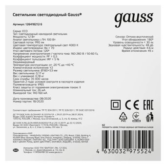 Настенно-потолочный светодиодный светильник Gauss Eco IP65 126418212-S